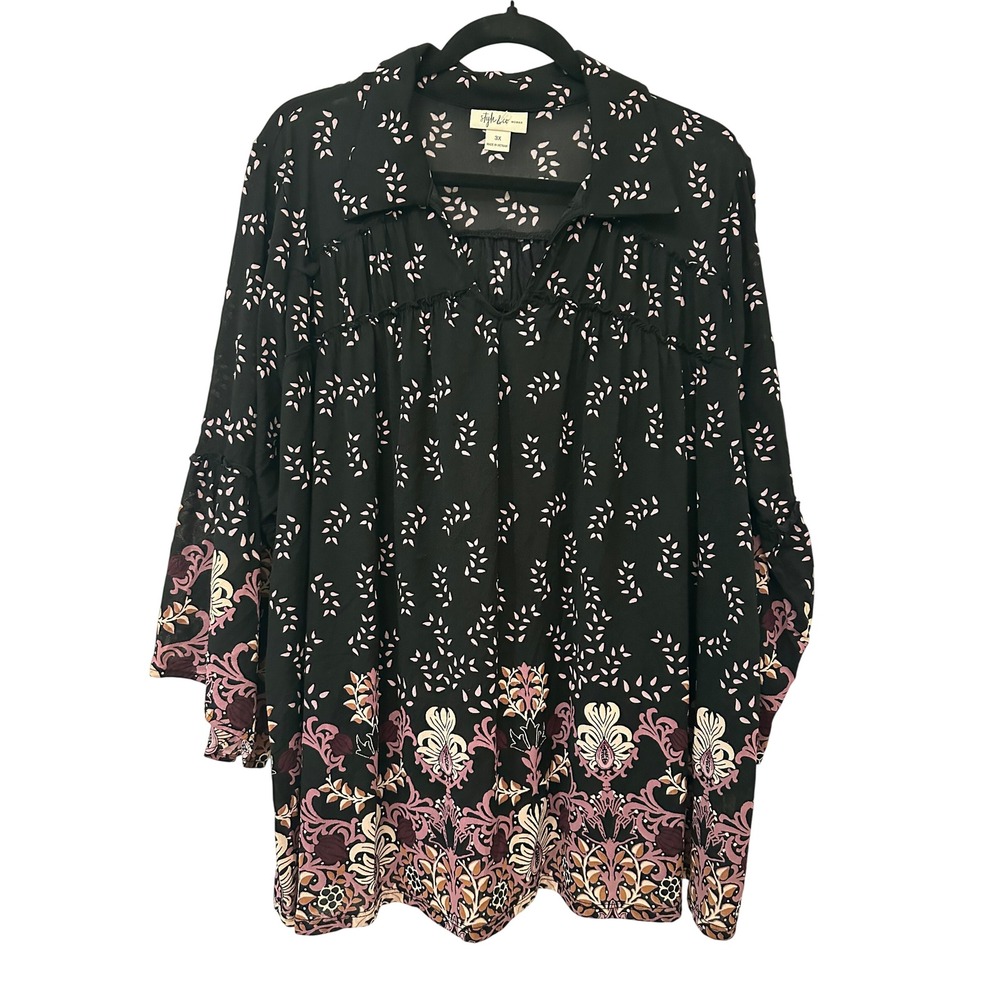 Style & Co Womans Dark Floral Mesh Peasant Top 3X Bell Sleeve Boho Western